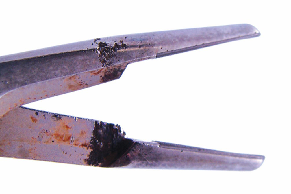 Rusted and corroded veterinary surgical instrument