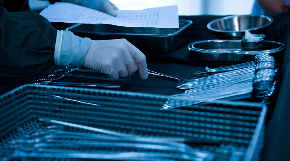 Tray of surgical instruments getting ready to be cleaned